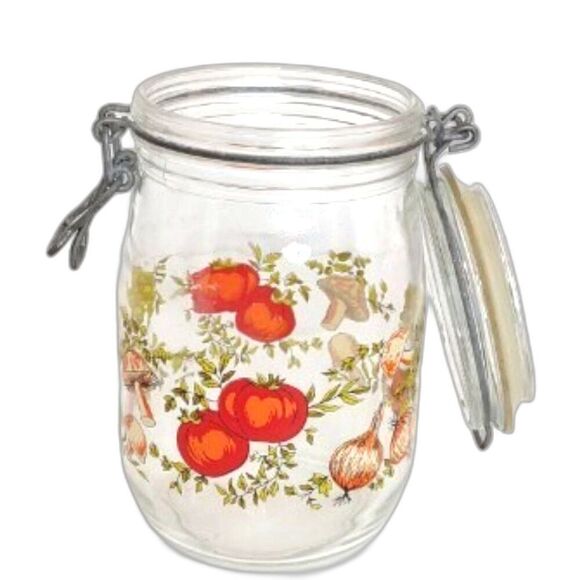 Vintage Arc Spice Of Life Glass Mushrooms and Vegetable Jar Canister 1 L France - Picture 1 of 15